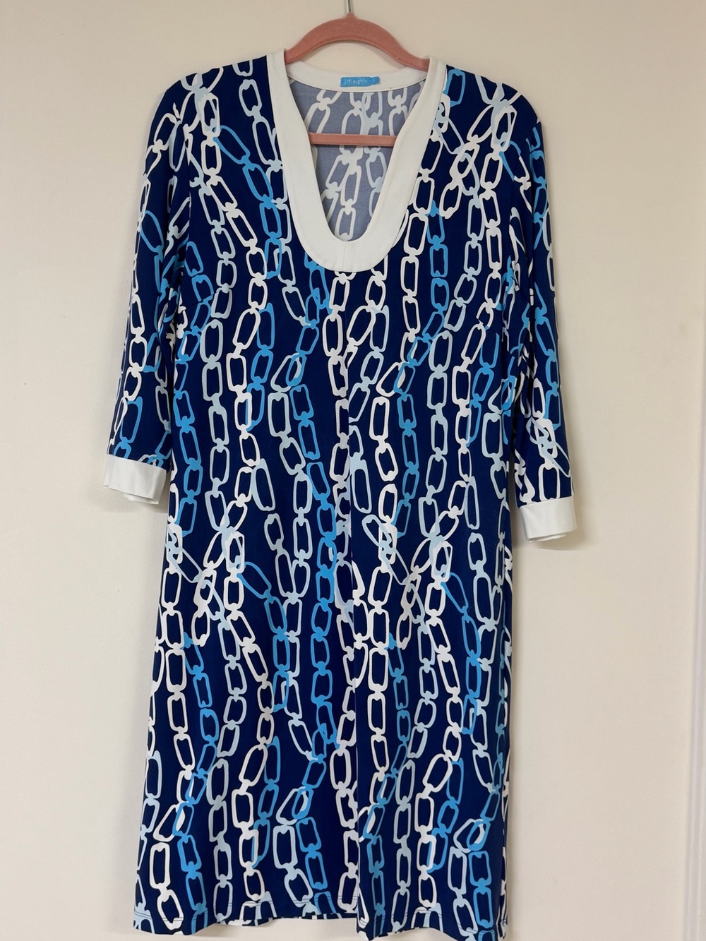 J McLaughlin Blue Chain-Print Scoop Neck Midi Dress